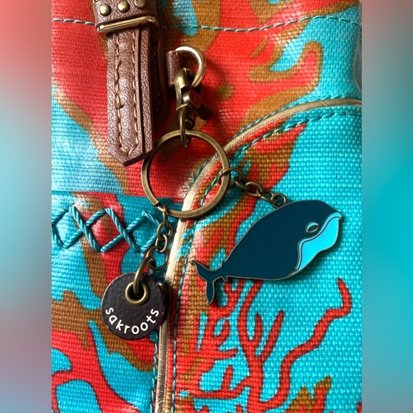 Sak Roots bag turquoise coral vegan leather straps whale charm gold hardware - Picture 3 of 6